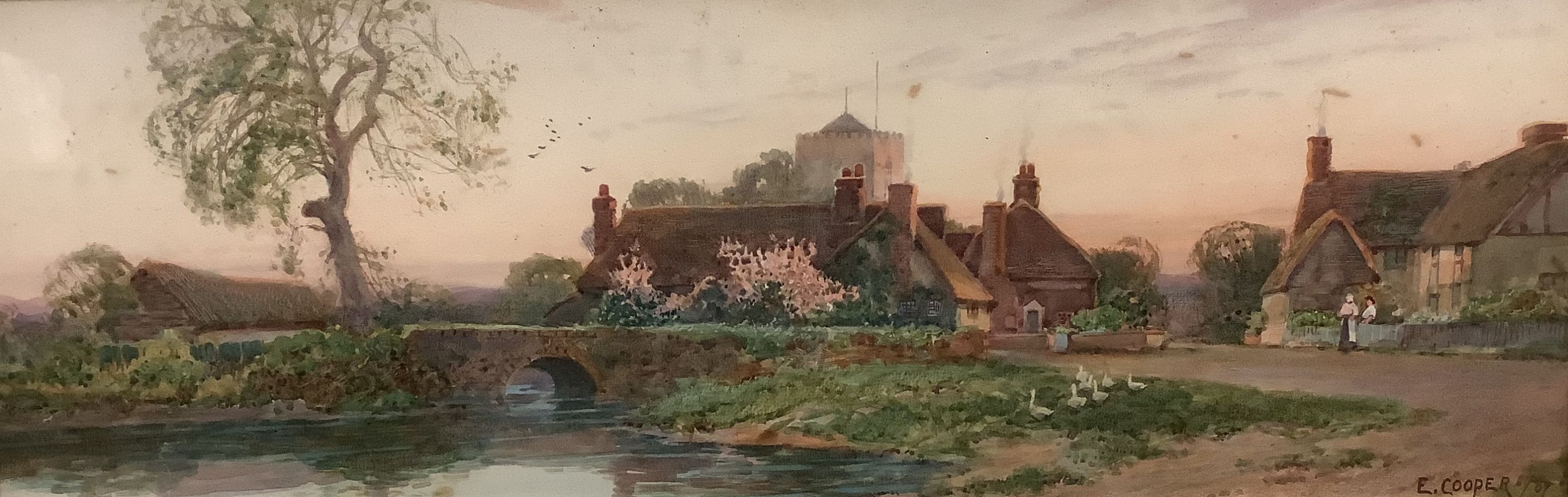 E. Cooper, set of four watercolours, A Sussex Village, Old Shoreham Bridge, September Evening, Ryde and A Sussex Village Evening, signed and dated 1909, 90 x 54cm